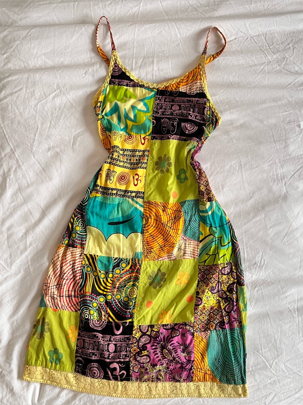 Yellow Multicolour Cotton Patchwork Boho Hippie Dress